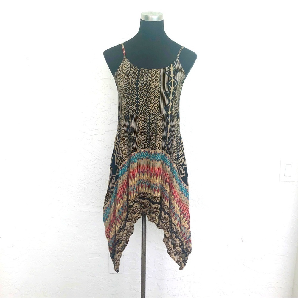 Y2K Boho Hippie California Moonrise Beach Asymmetrical Print Tunic Dress